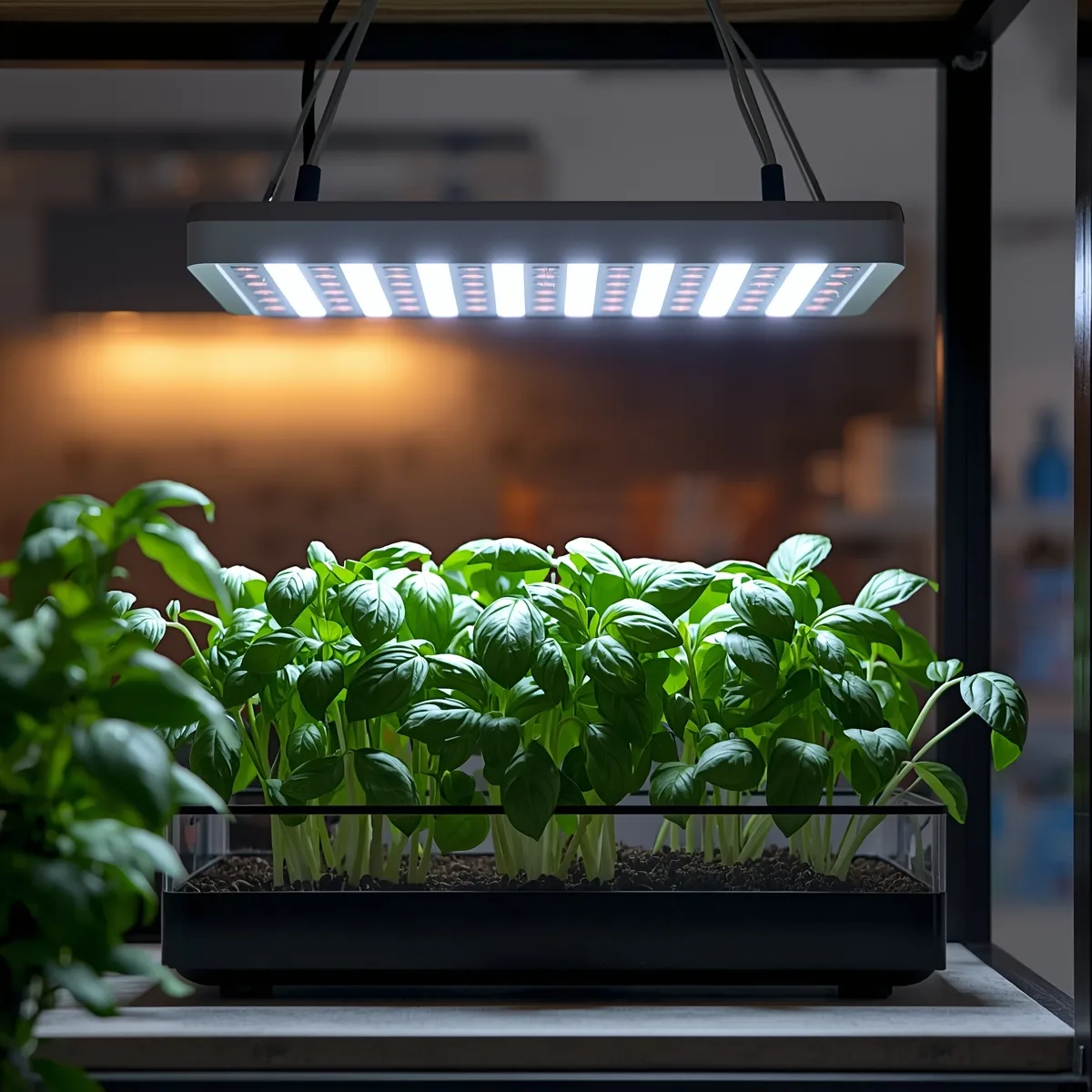 Healthy basil and lettuce growing on a shelf under a full-spectrum white LED grow light