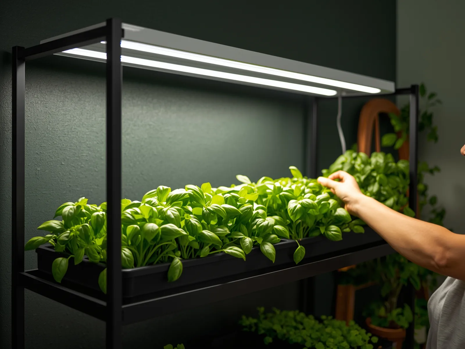 Woman tending a shelf garden of herbs under white LED grow light bars