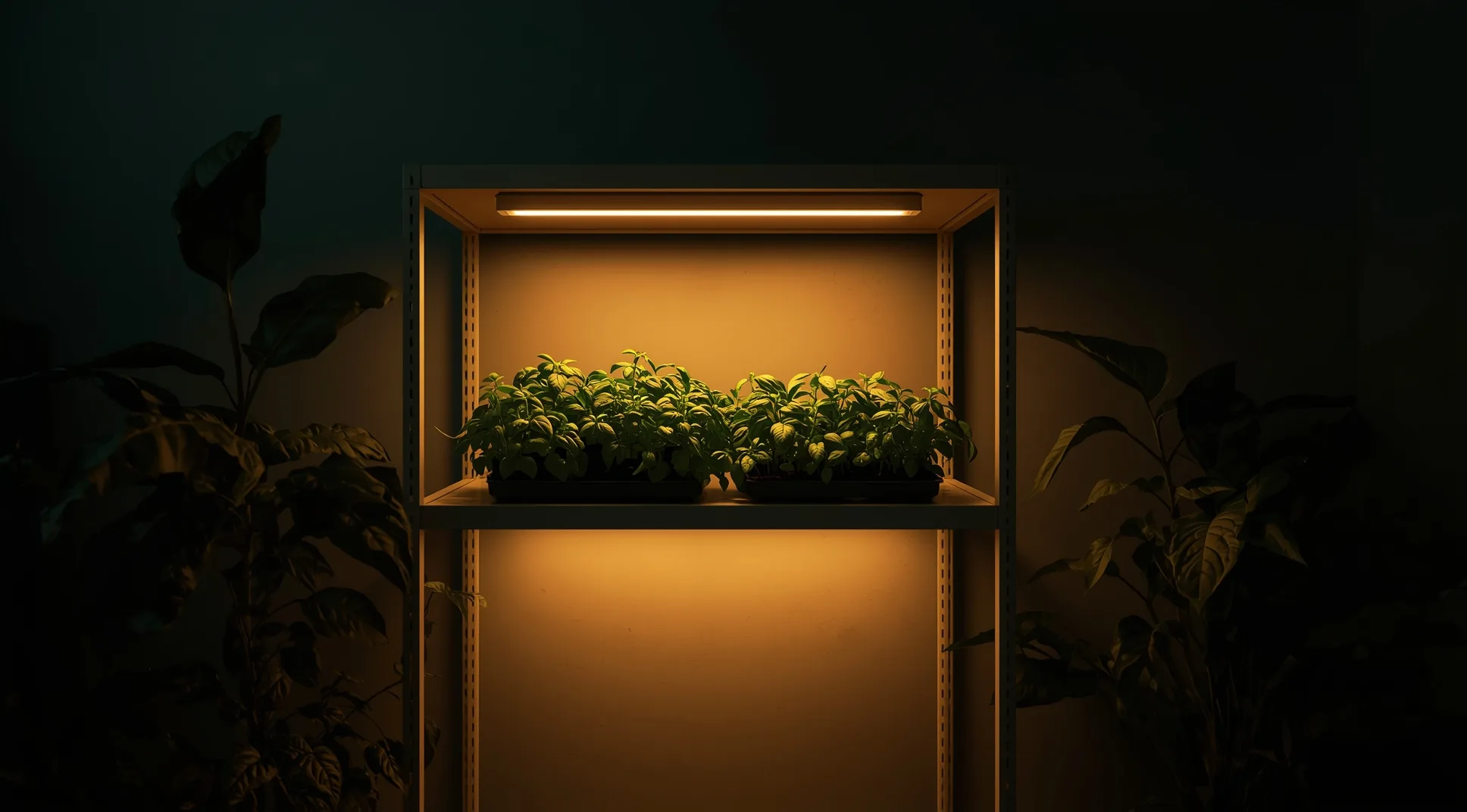 Shelf garden of herbs and seedlings glowing under warm white LED bars in a dusk-dark apartment room