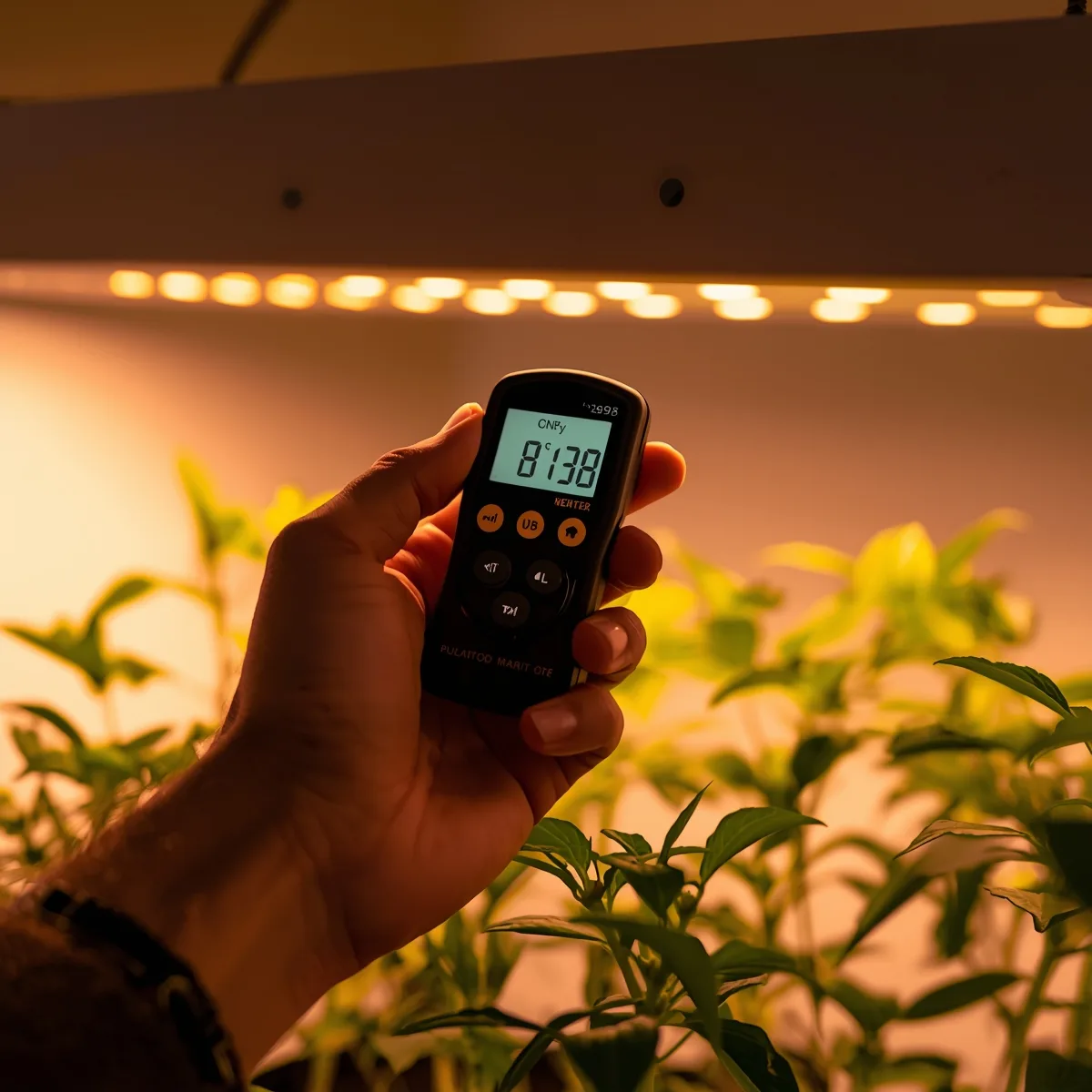 Hand holding a light meter above young plants under a grow light
