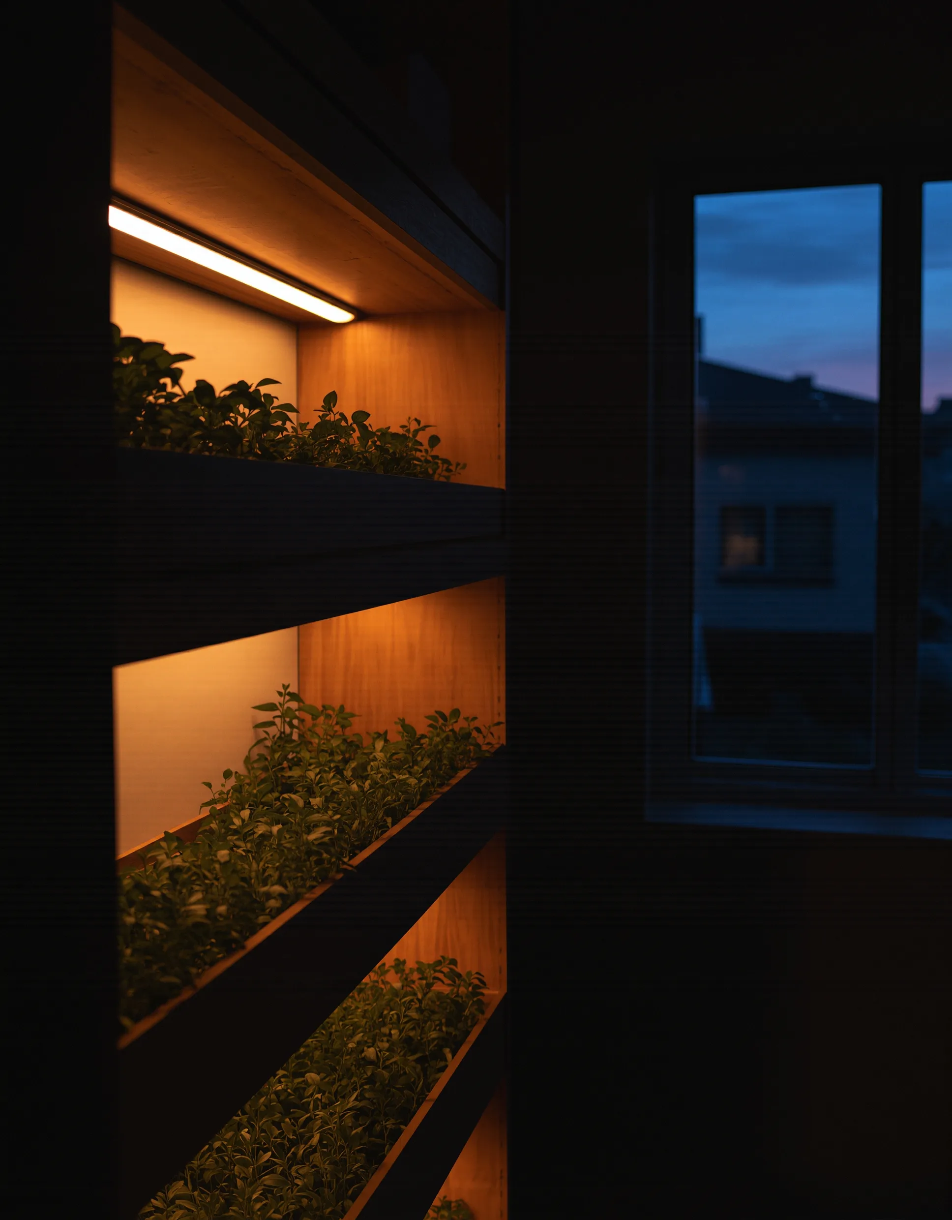 Warm LED bars still lit over a tall shelf garden as the room and window fall into evening dark