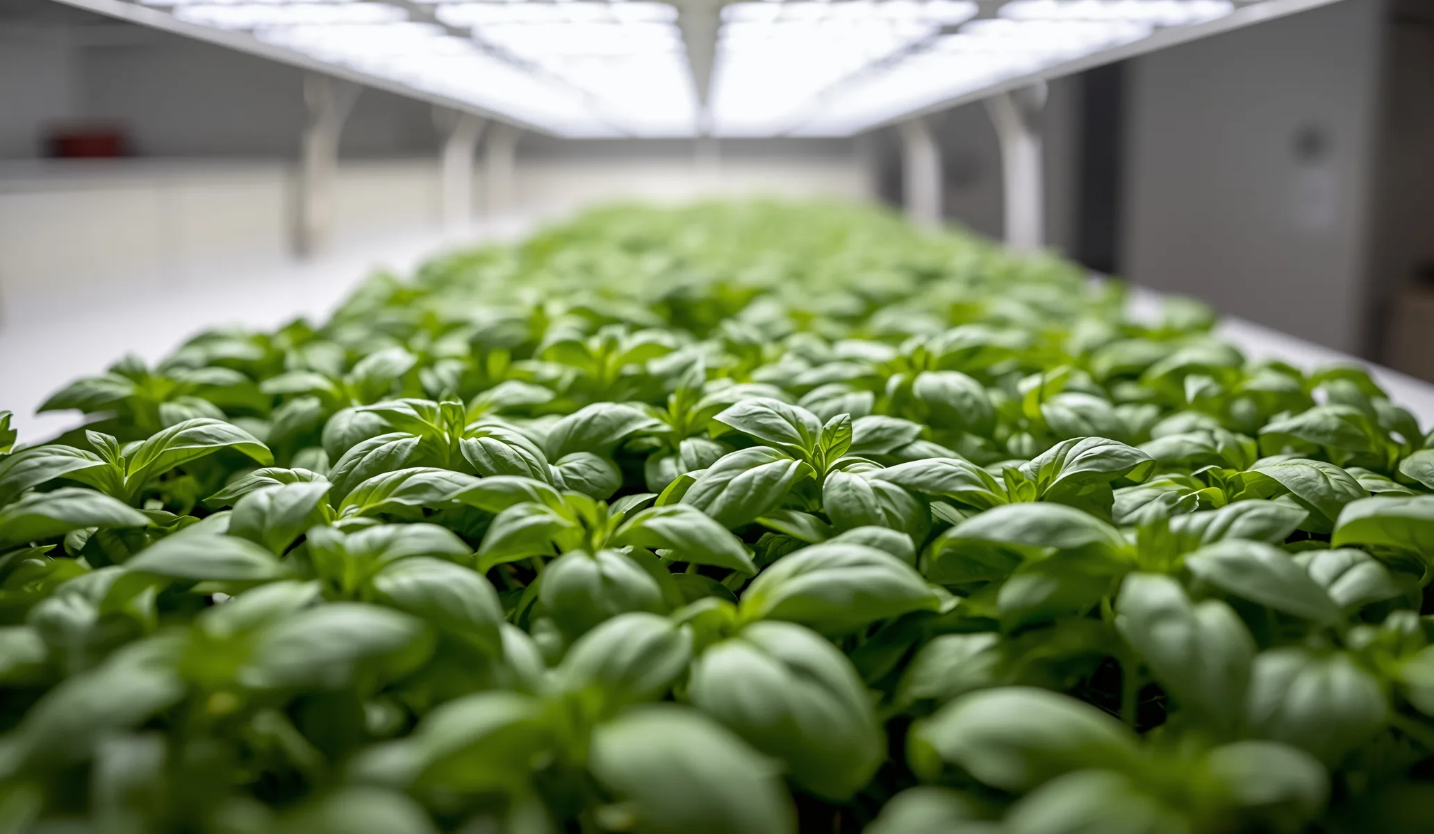 Basil and lettuce leaves at canopy level, evenly lit by a white LED board mounted overhead