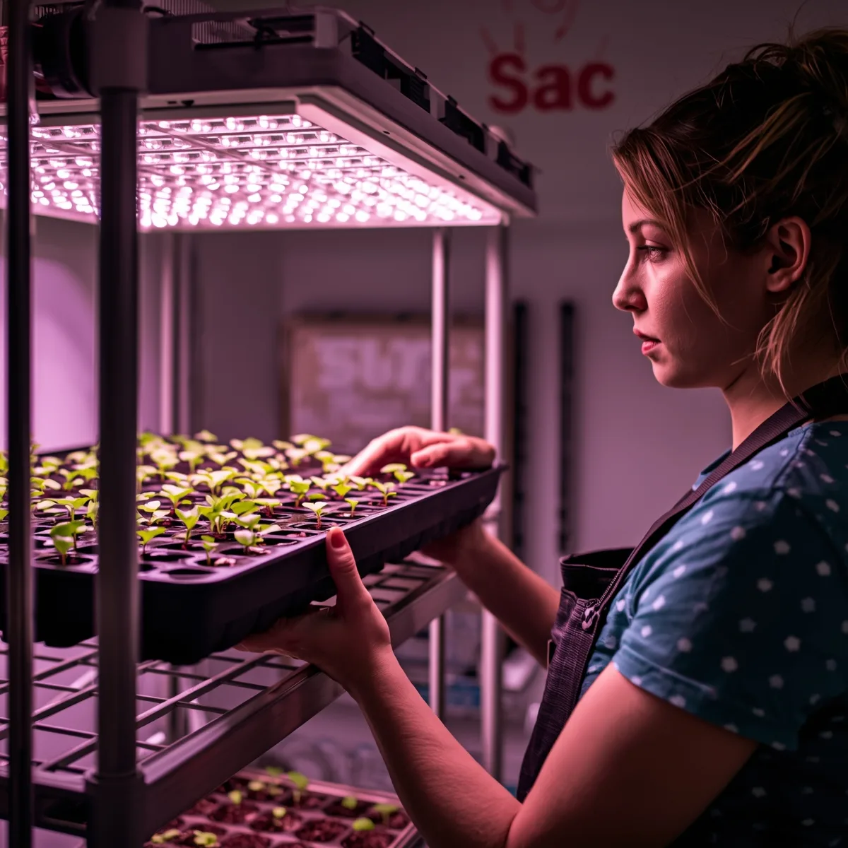 Woman checking seedling trays under an LED grow light board in a bright utility room