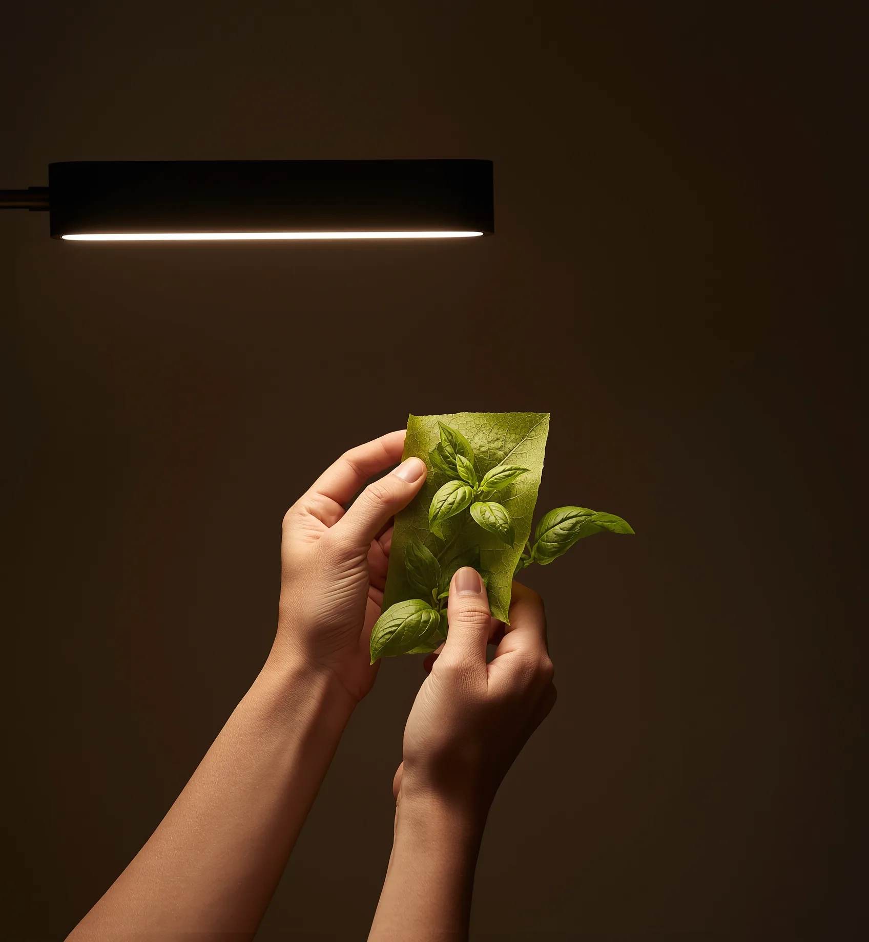 Hands turning a basil leaf to check its underside in true color under warm white LED light