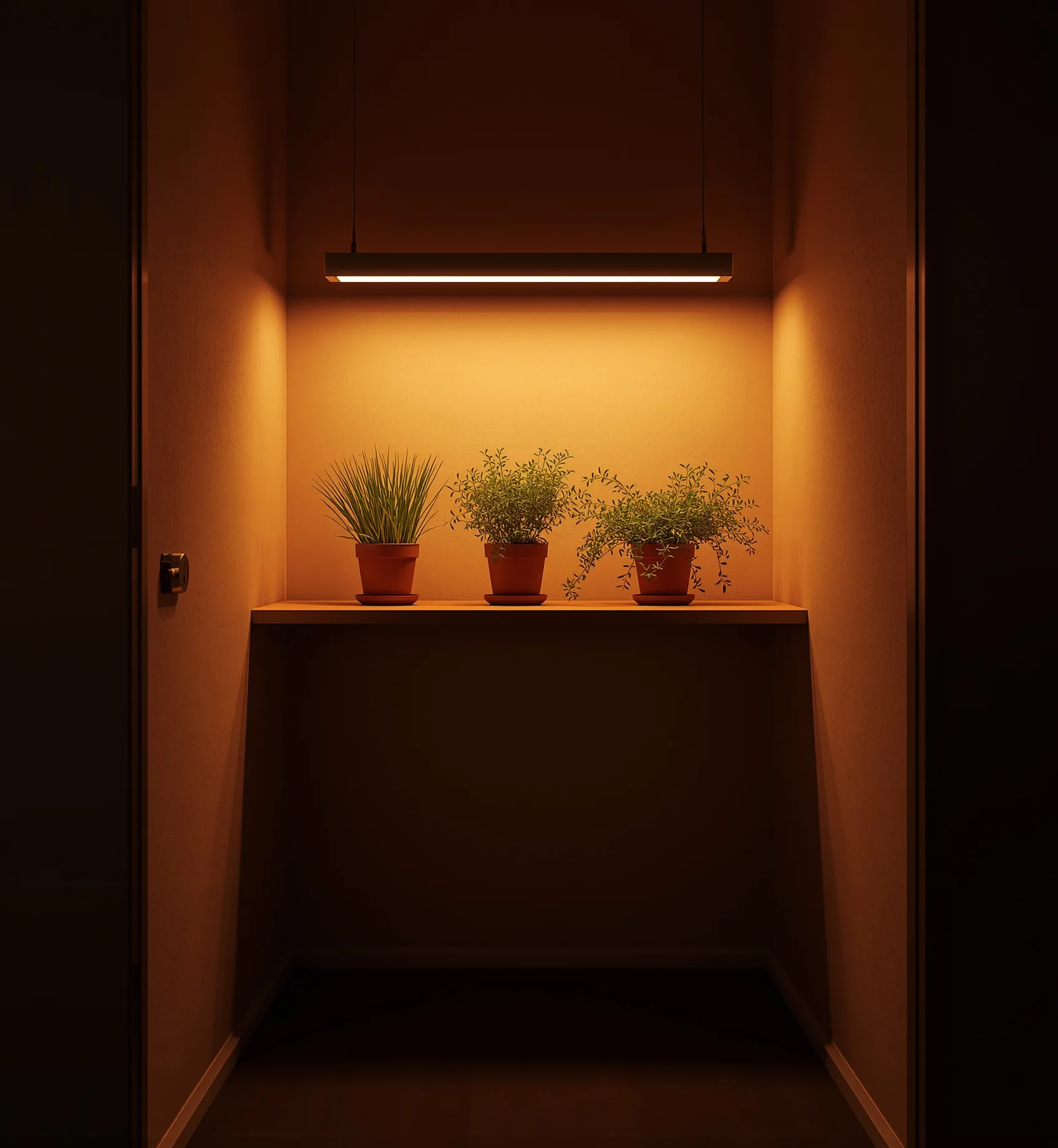 Center plants thrive under one warm light while a corner pot stretches pale toward it; plug-in timer at the shelf edge