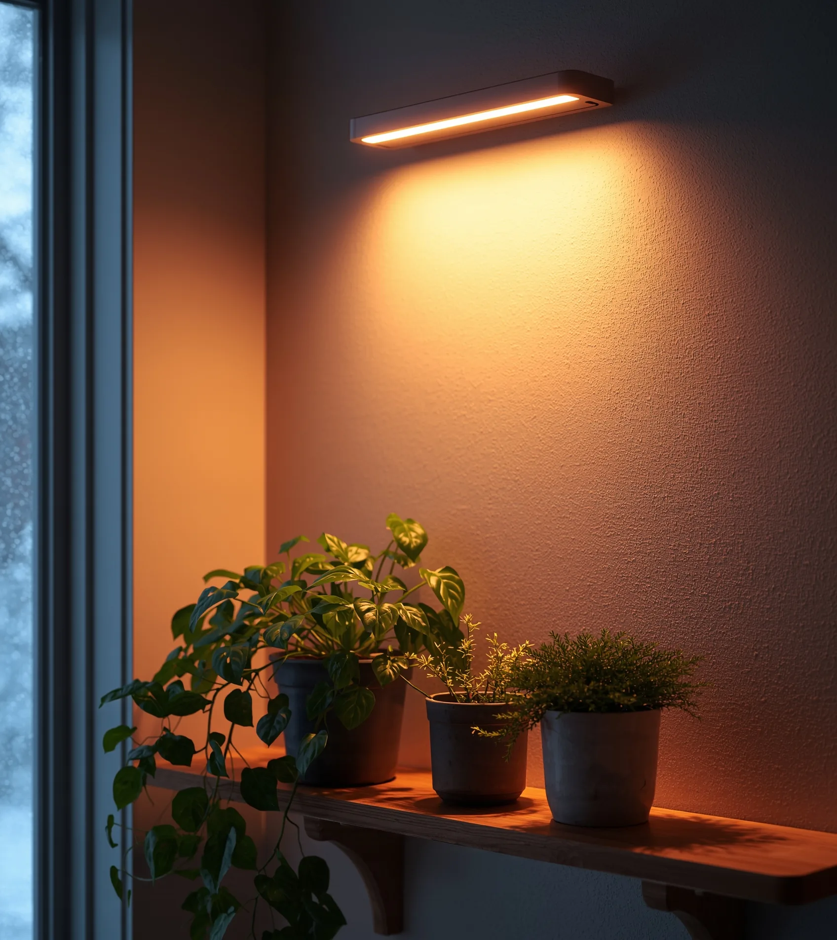 Houseplants by a dim blue winter window, topped up from above by a small warm white LED bar