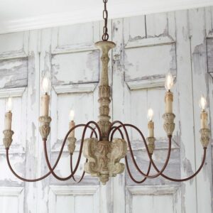 Rustic Wood 6 Light Aged Cottage French Style Chandelier