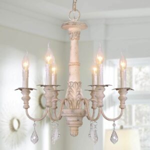 Rustic Antique White 6 Light Small French Country Candle Style Pendant