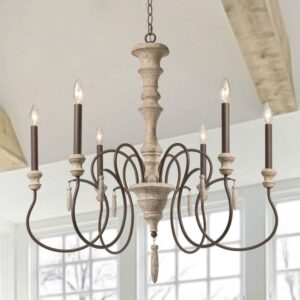 Rustic Curved Arms 6 Light Weathered Wood French Country Crystal Chandelier